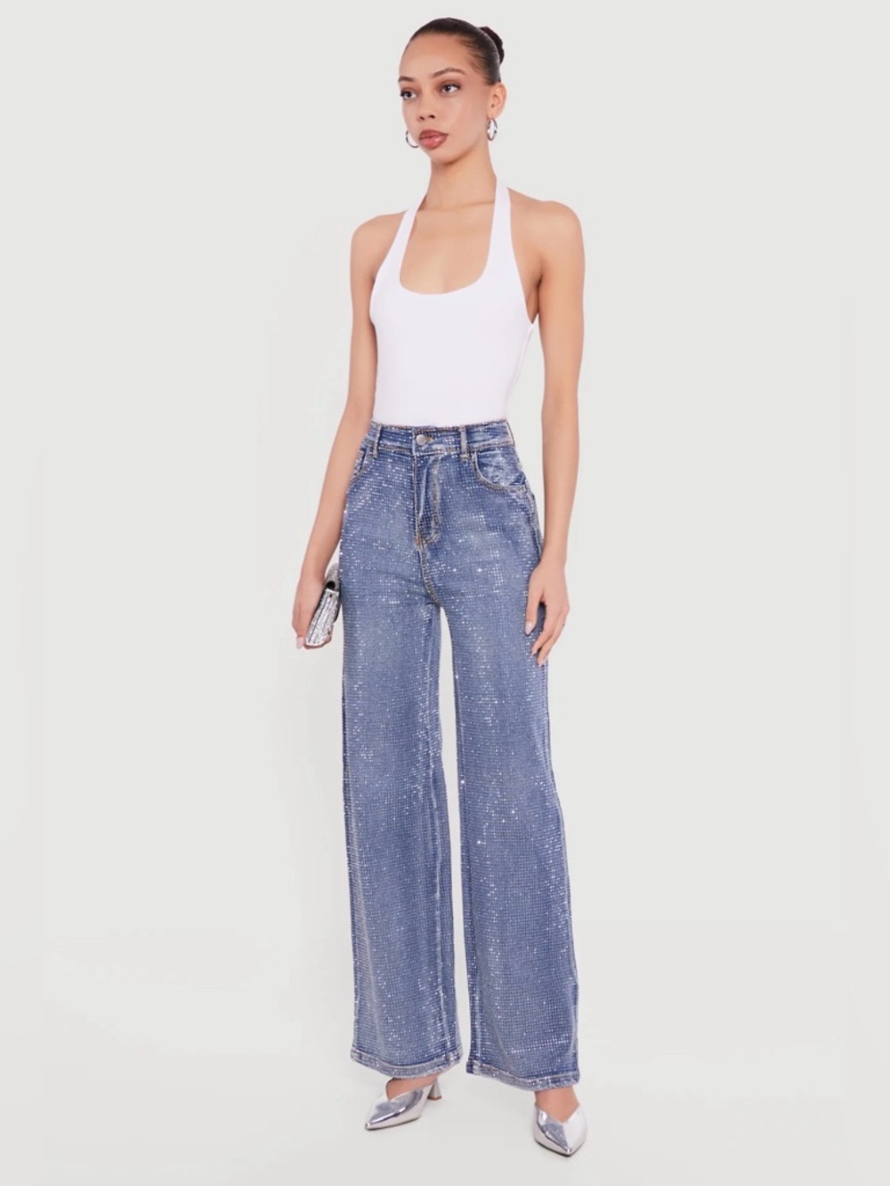 Rhinestone Studded High Waisted Straight Leg Jeans - Medium Wash
